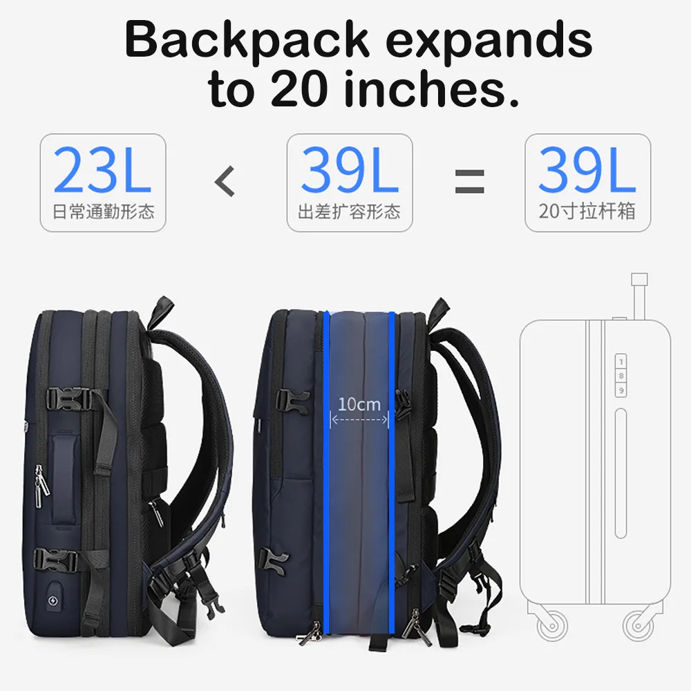 HK Multifunktionaler Herren-Reiserucksack, erweiterbarer Business-Rucksack, wasserdicht, große 15,6-Zoll-Laptoptasche mit USB, modischer Tagesrucksack