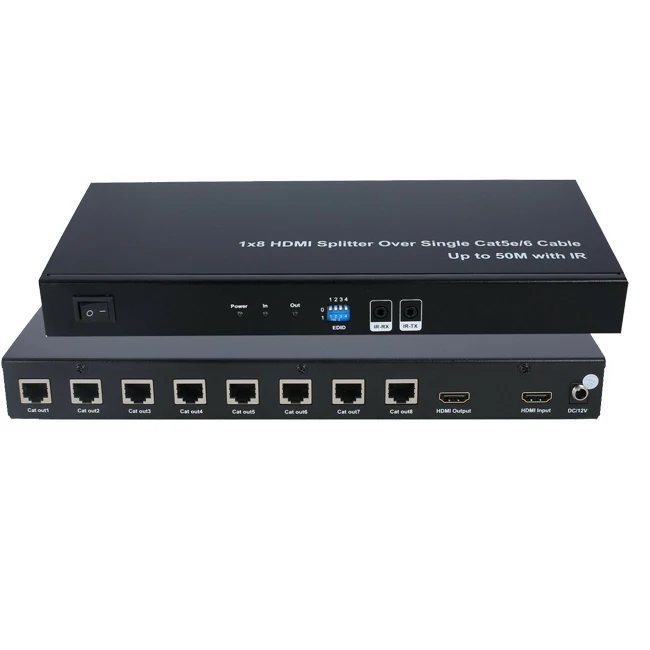 4K HDMI 1x8 Splitter Extender over Cat5e and Cat6 with 8 Receivers