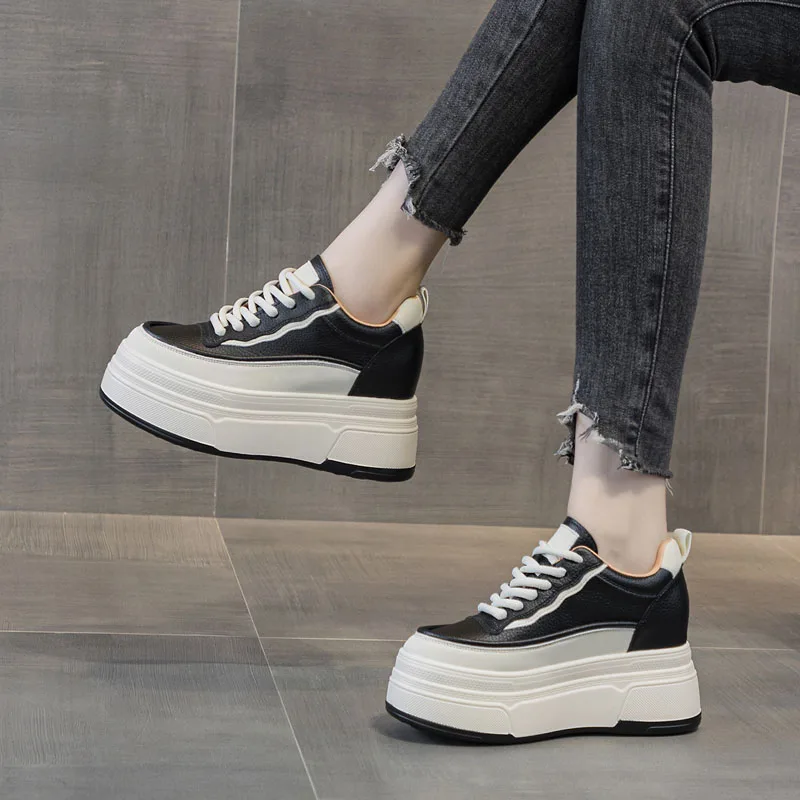 DRKANOL 2026 Women Wedges White Casual Shoes Split Leather Round Toe Thick Sole Height Increasing 9cm Mixed Color Platform Shoes