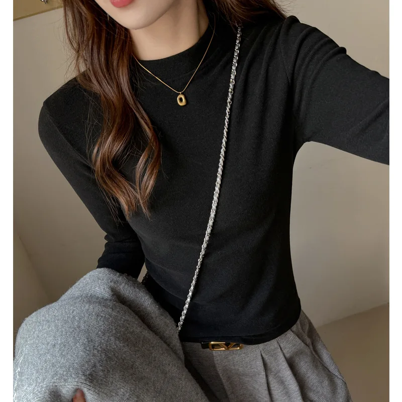 Fotografia 7: Camisa Base de Malha com Gola Alta em Imitação de Cashmere Cinza para Mulheres, T-Shirt de Ombro Regular para Outono e Inverno com Alta Qualidade