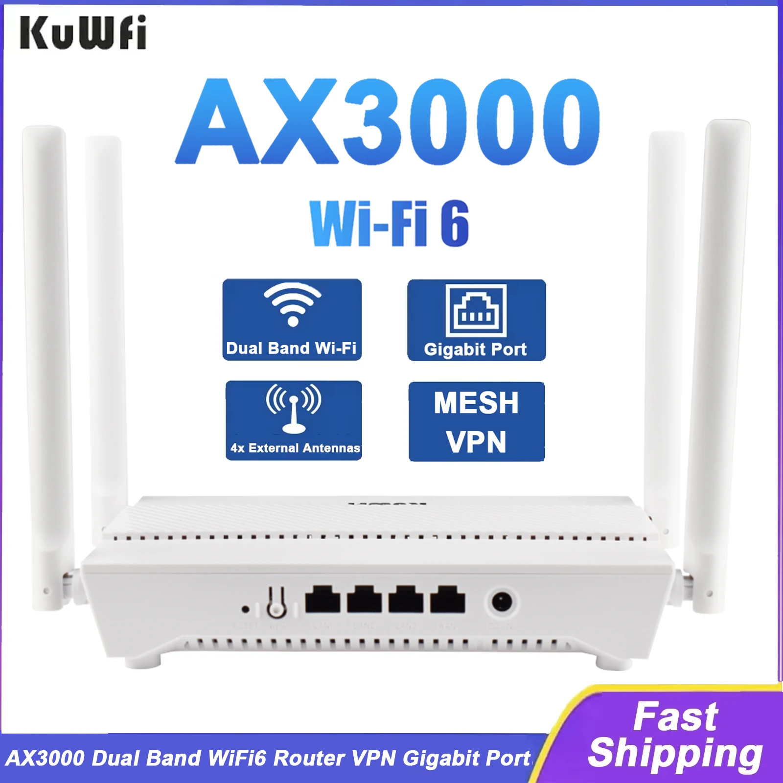 

KuWFi AX3000 WiFi Router 3000M 2.4G 5G Dual Band WiFi6 Gigabit Ethernet Port External Antenna Support AP Repeater MESH VPN WPS