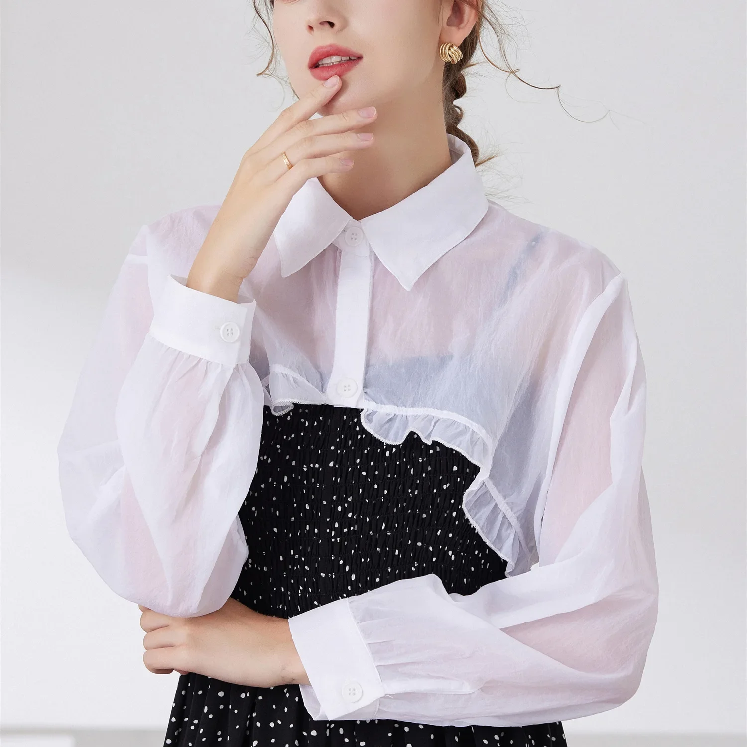 Women Long Sleeve Fake Collar Female Autumn Sweater False Collar Lapel Button Down Half Top Blouse Shirt Detachable Collar