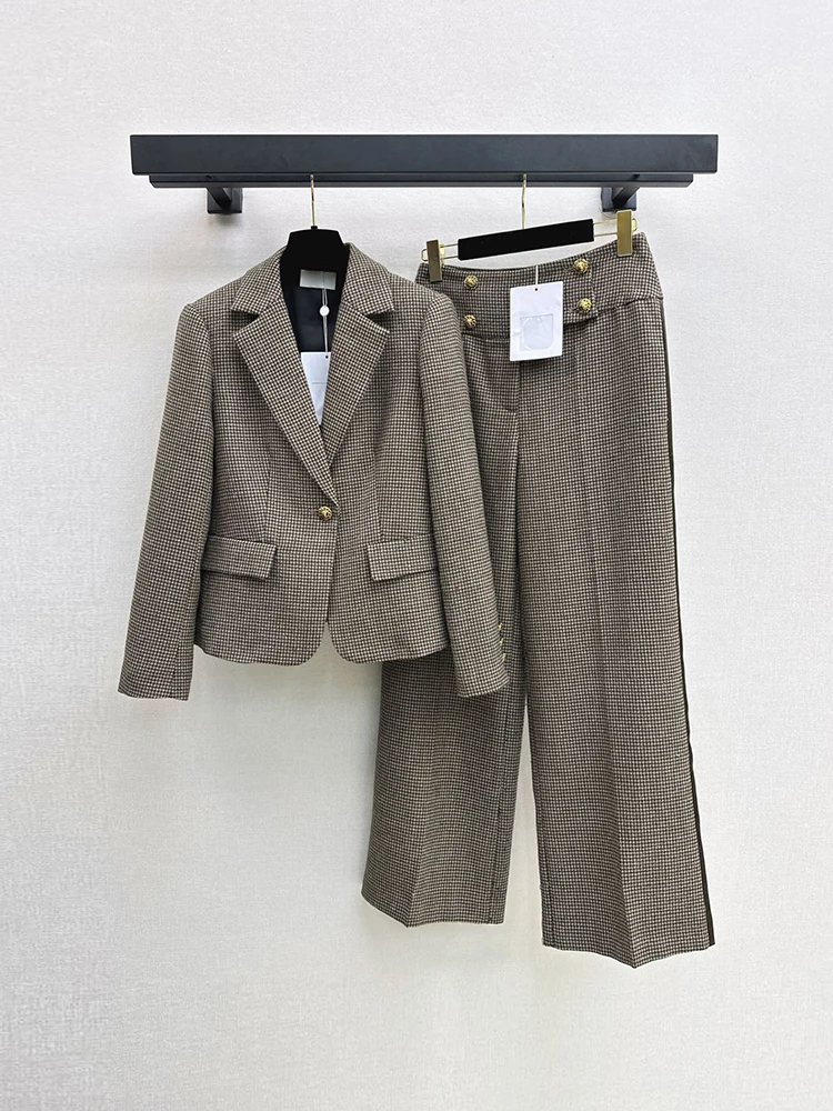 Spring Autumn Fashion Vintage Peacock-Feather Pattern Suits Suit Women's Ulster Collar Long Sleeve Coat+Straight Barrel Trousers