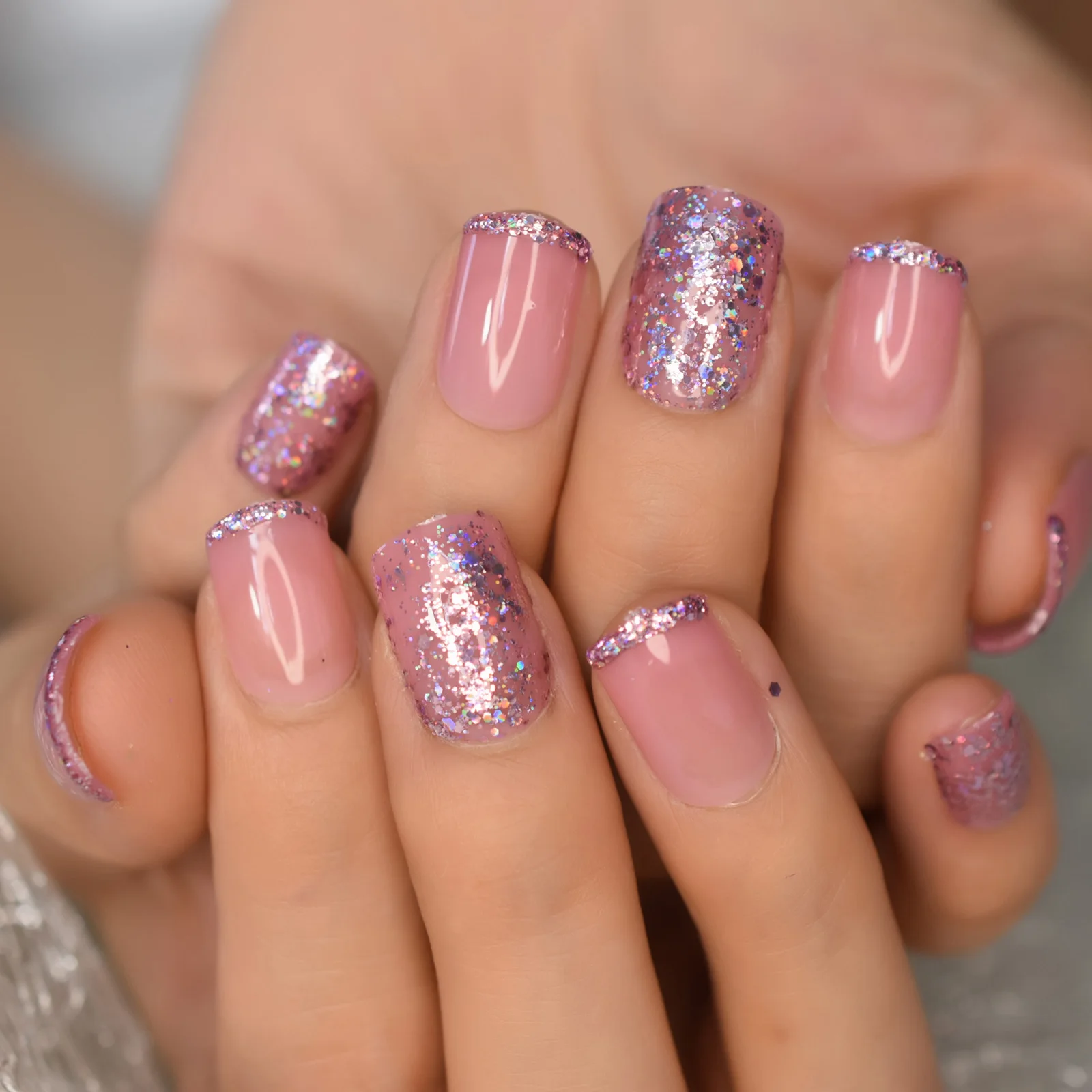 24Pcs Jelly Pink Fake Nails Holo Laser Glitter Artificial French Press on False Nail Tip for Office Home Square Short Faux Ongle