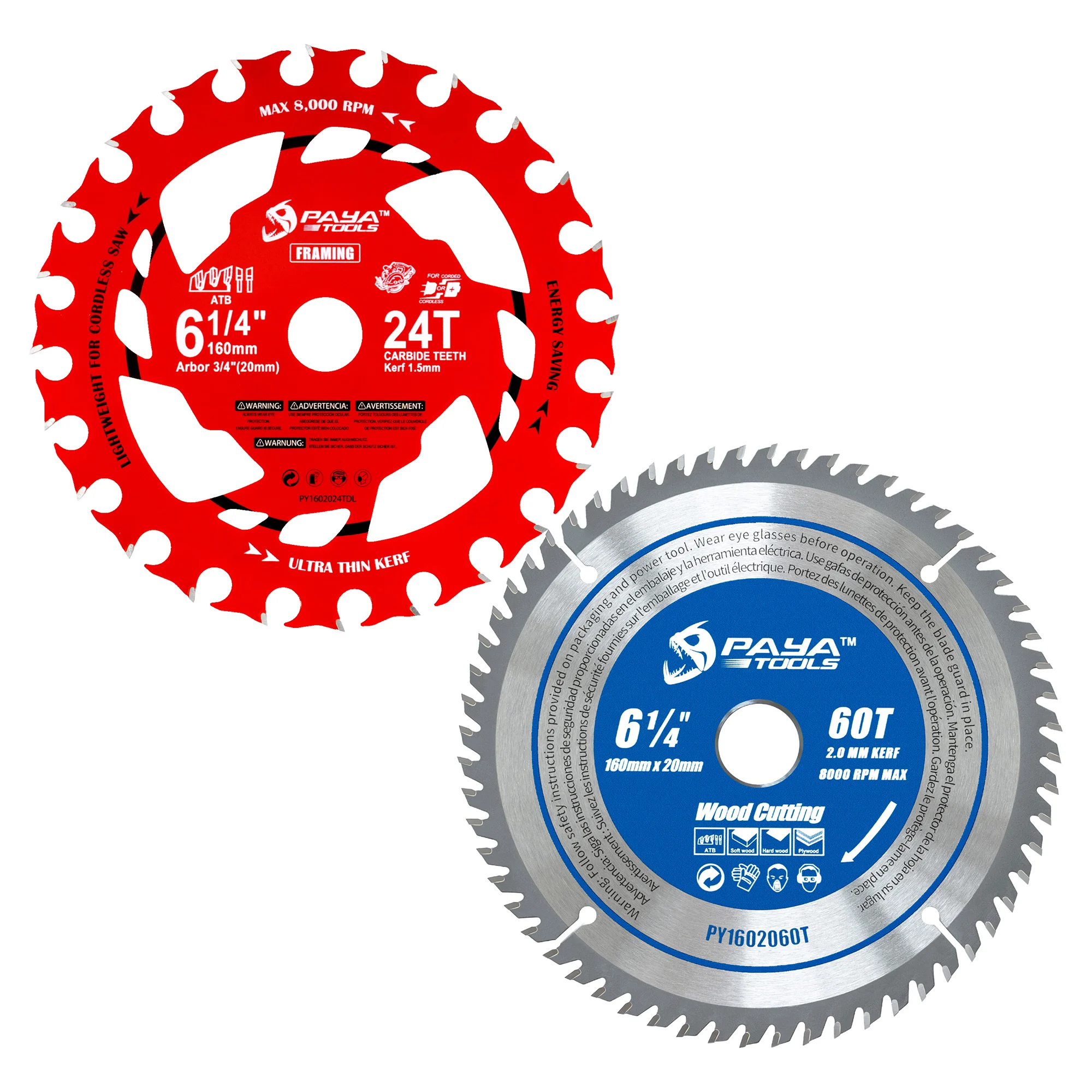 

PAYA 2PCS Wood Cutting Circular Saw Blade Set 6-1/4" 24T Light Farming Saw Blade for Cordless Saws 6-1/4" 60T TCT Blade for Wood