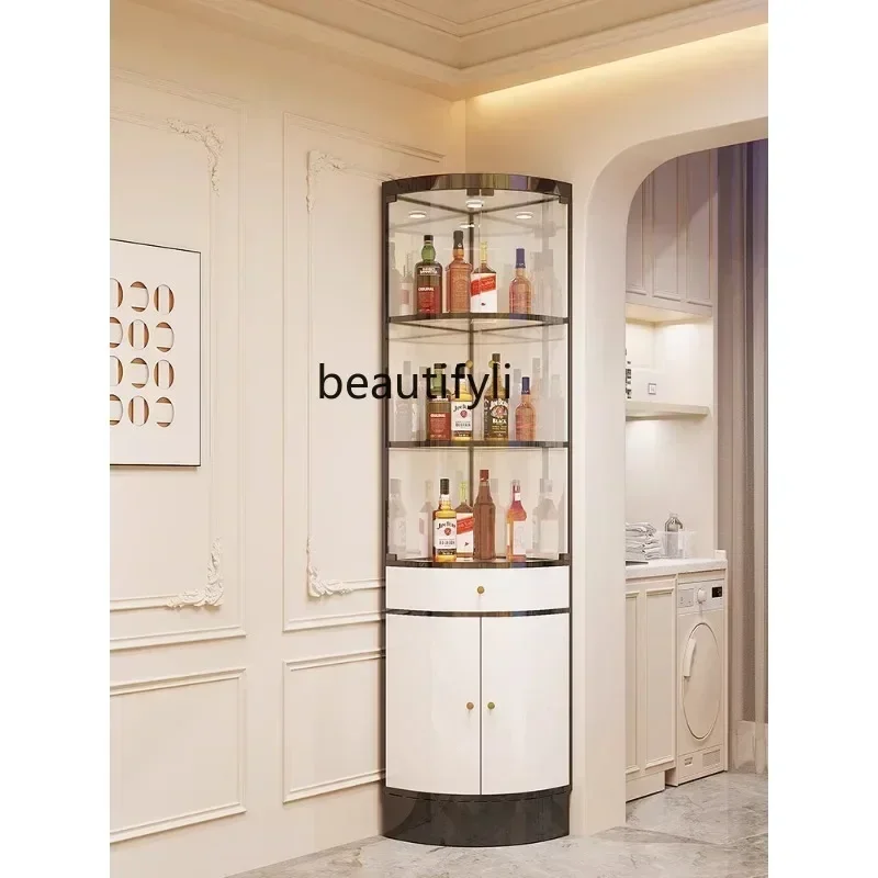 

Light Luxury Stainless Steel Triangle Glass Wine Cabinet with Drawer Turn Corner Living Room Fan-Shaped Wine Cabinet