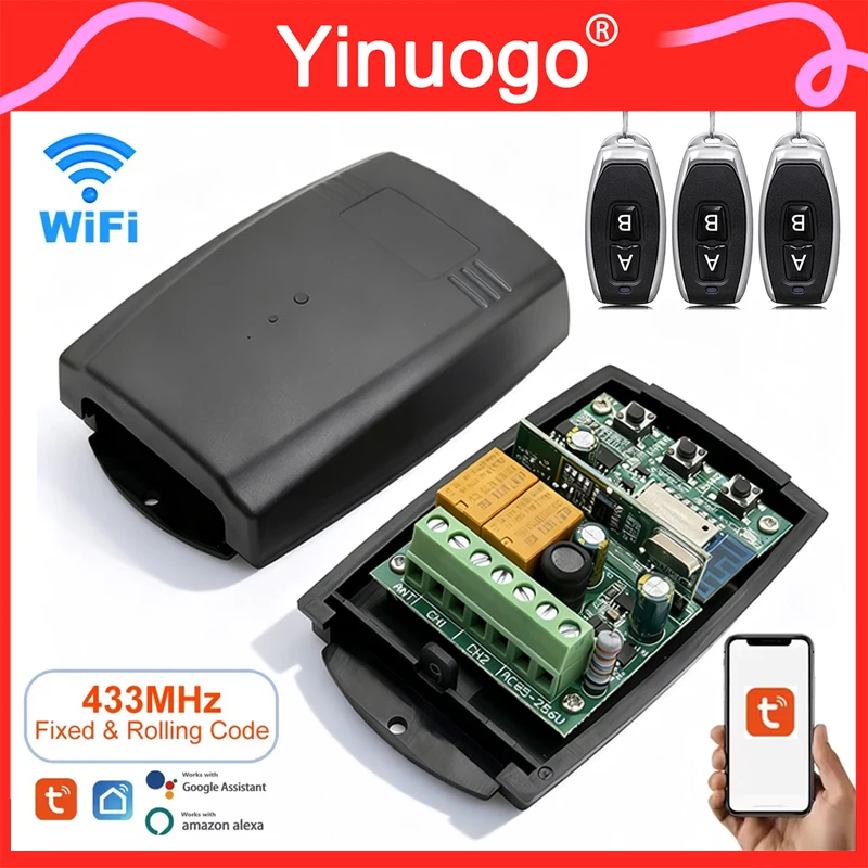 

YNG208 433 МГц Tuya Wi-Fi умный приемник открывания гаражных ворот 2 канала для дистанционного управления воротами 433,92 МГц подвижный код/фиксированный код