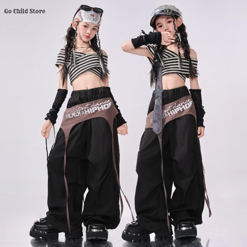 

Укороченный топ-карго с открытыми плечами в полоску для девочек в стиле хип-хоп, брюки-карго, детская уличная одежда, групповой костюм для девочек, детский комплект одежды K-pop