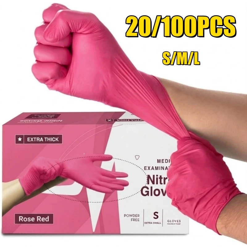 Guantes desechables de nitrilo fucsia, guantes duraderos sin látex para limpieza del hogar, para mujeres, jardinería, cocina, preparación de alimentos, belleza, 20/100 Uds.