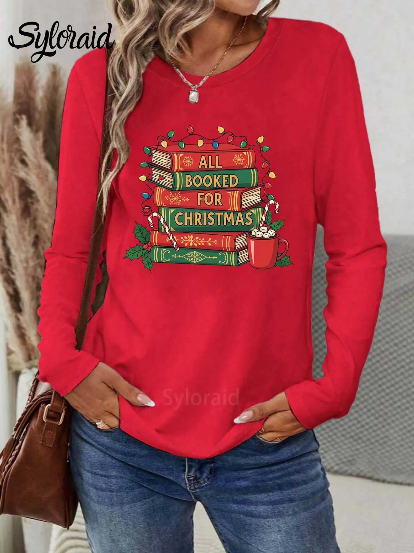 تي شيرت نسائي طويل الأكمام مطبوع بالكامل لعيد الميلاد تي شيرت عيد الميلاد لمحبي الكتاب قميص عصري برقبة دائرية كاجوال #3