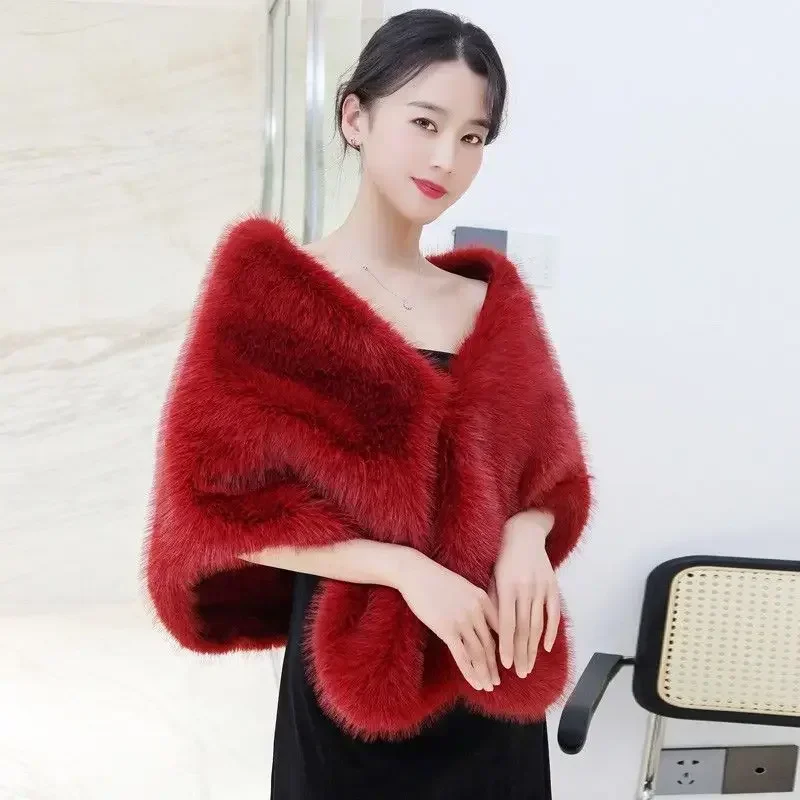 2024 New Autumn Women Open Stitch Solid Color Shawls with Faux Fur Flocking Short Cape Female Winter Pashmina Wraps T299