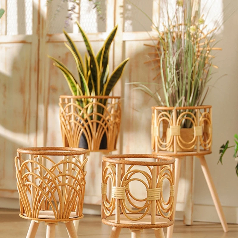 Rattan Plant Stand Woven Plant Stand Wooden Wicker Planter with Wooden Legs Rattan Plant Display Rack Decorations KXRE