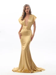 NEW Gold Sexy Strapless Bodycon Mermaid Party Dress Sleeveless Floor Length Satin Dress Open Back Dress DIY Tie-straps