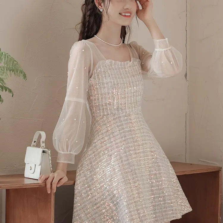 

Spring Faion Ele Lady-Like ort Skirt Dr Luxury Sensation Fairy Slimming Effect Bubble Sve Polyester Fiber