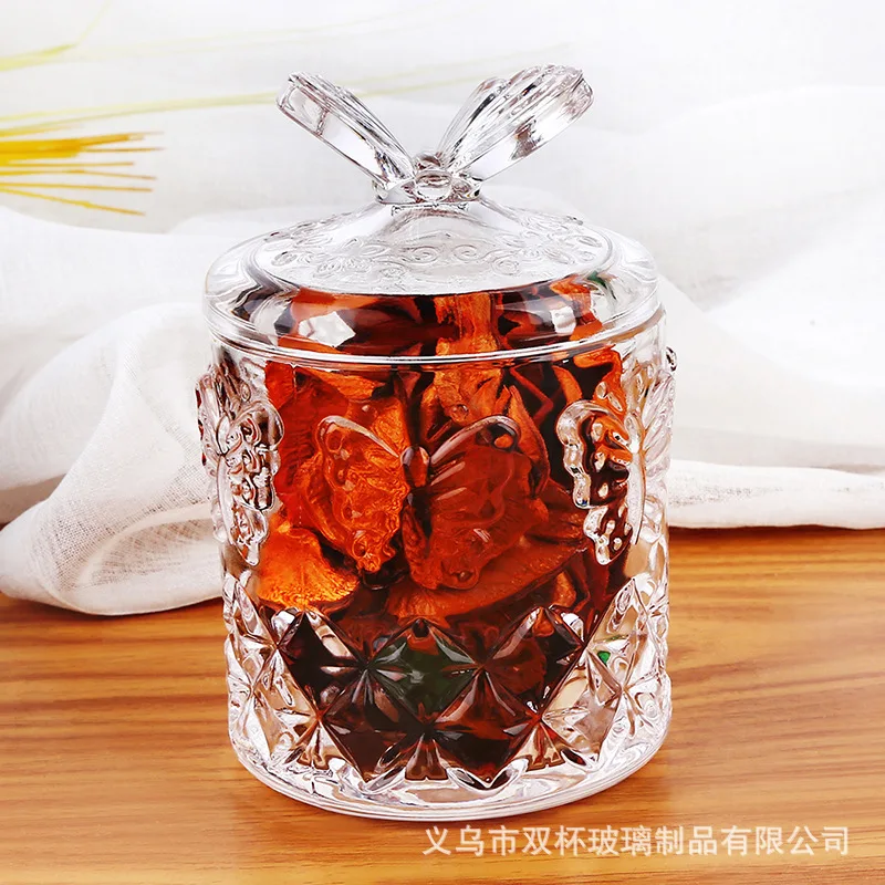 Relief Glass Storage Box Candy Jar Jewelry Cotton Swab Toothpick Box Butterfly Lid Tea Coffee Jar Home Decoration