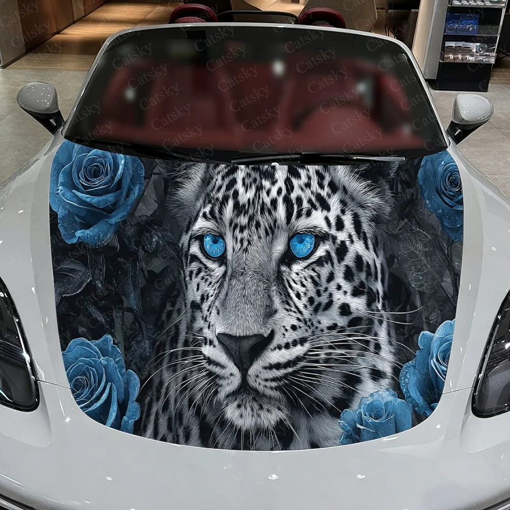 Leopard with striking blue eyes surrounded by vivid blue roses on car hood.Car Vinyl Wrap, PVC Material Waterproof Car Hood Stic