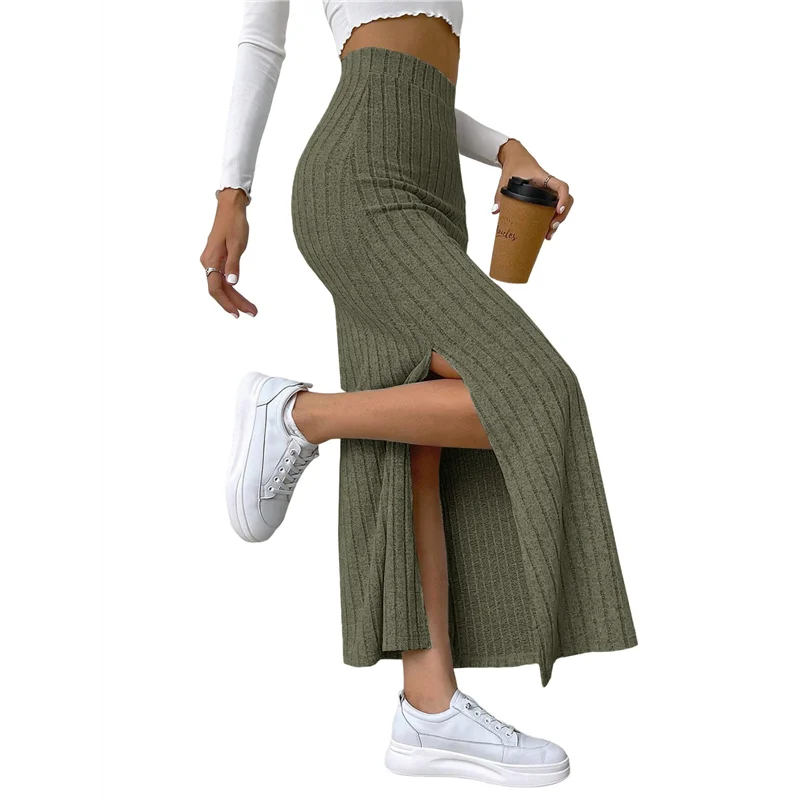 

CYL-Women's Bodycon Knitted Pencil Skirts Elastic Split High Waisted Midi Skirt