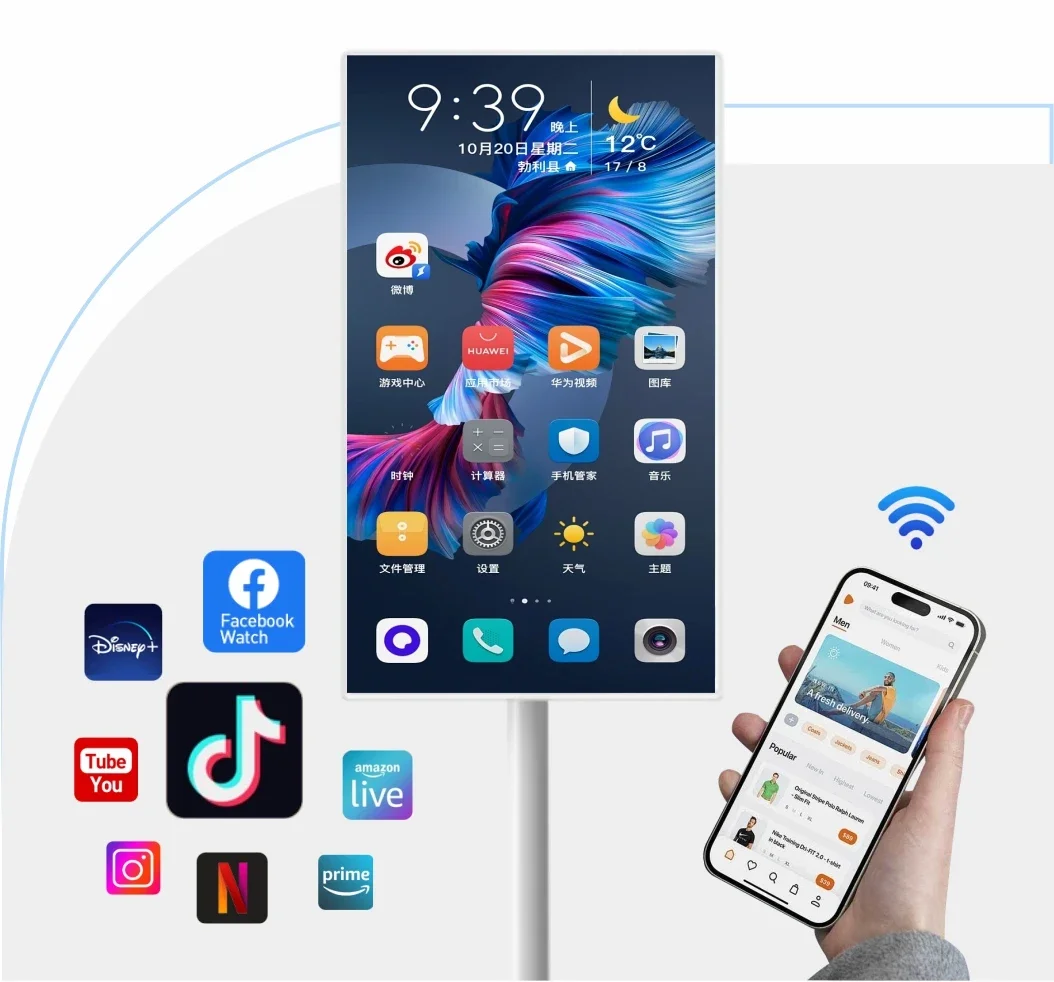 Télévision connectée sans fil, écran tactile de 21.5 pouces, Android, avec batterie, support d'alimentation, mobile, coule