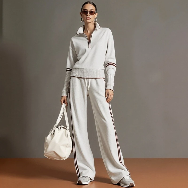 Women's New European American Style High-end Knitted Sports Suit Half Zipper Stand-up Collar Sweater Wide Leg Two-piece Set