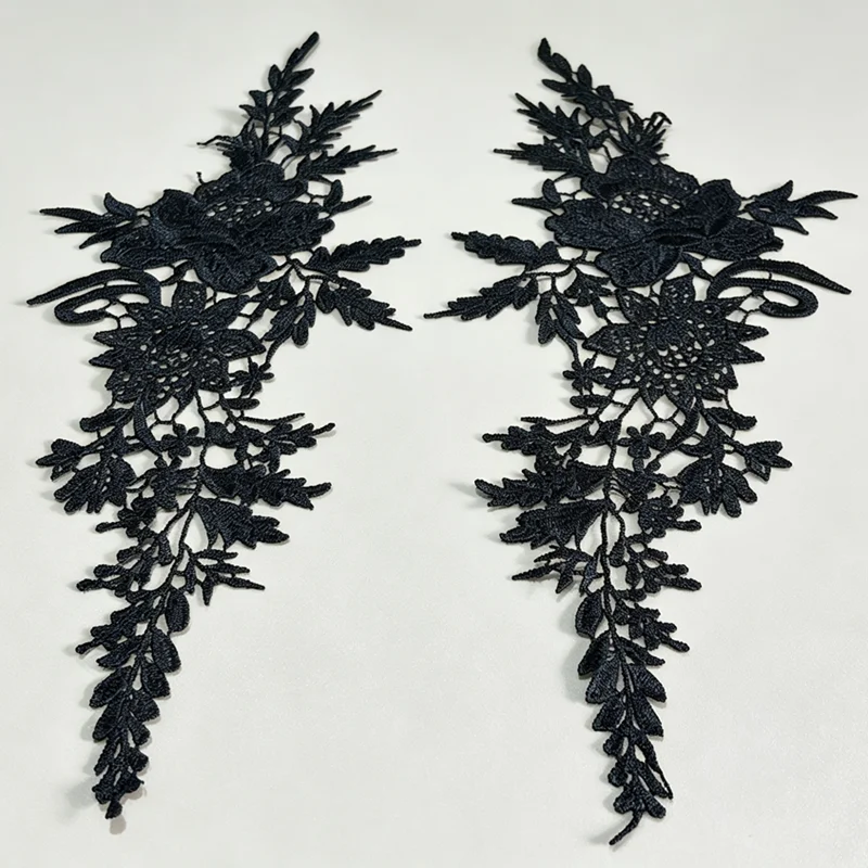 2Pcs/Lot 39*14.5cm Black Flower Leaf Gradient Sewing Flower Motif Venise Lace Applique for Garment Embroidery Lace Patches