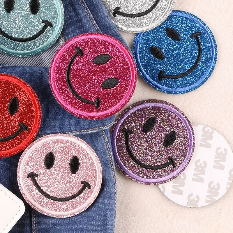 FZdiy Cartoon Smiling Face Patches for Clothing Stick on Embroidered Patches Self-adhesive Glue Patch on Clothes Sewing Applique