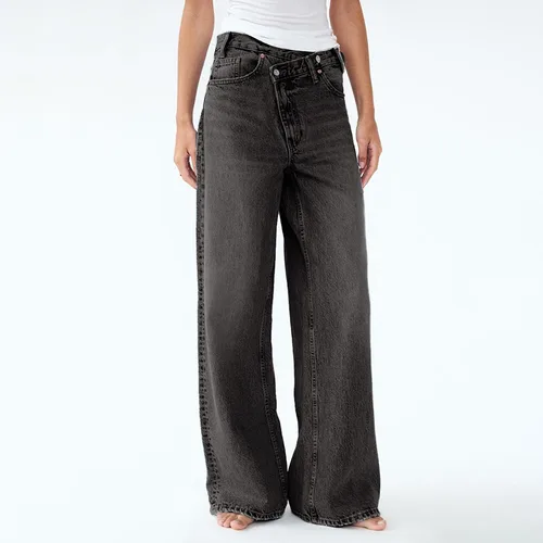 Imagen 2 del producto Pantalones de pierna ancha versión coreana con hebilla Diagonal, pantalones vaqueros asimétricos de calle Retro de cintura alta para mujer, pantalones casuales sueltos