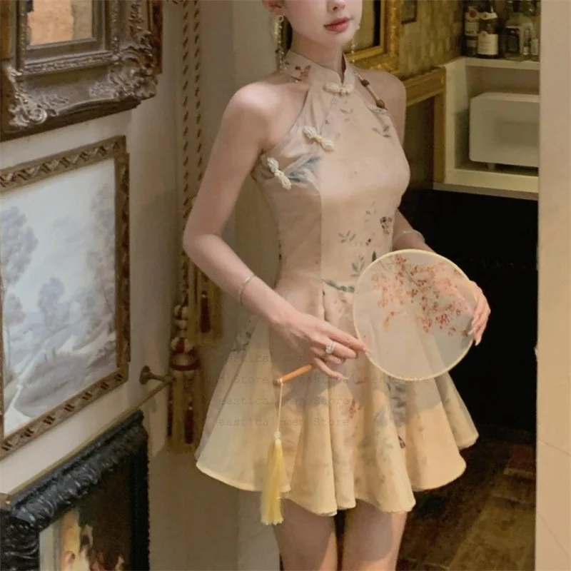 

Y2K китайский стиль Qipao винтажное сексуальное мини-платье без рукавов с лямкой на шее и воротником-стойкой с высокой талией Chesongam женские летние новые платья