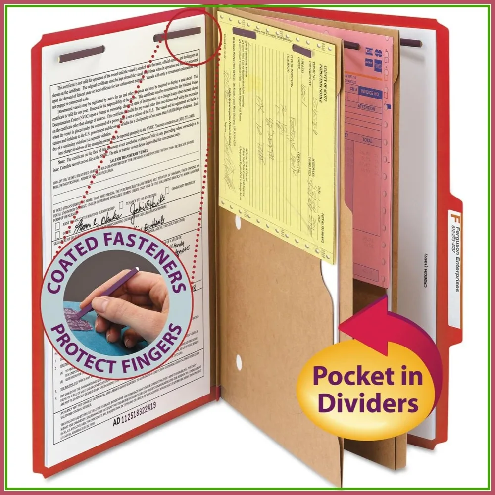 

Legal Size Partition Folder with SafeSHIELD Fasteners, 2-Pocket Dividers, 2" Expansion, Bright Red, 10-Pack