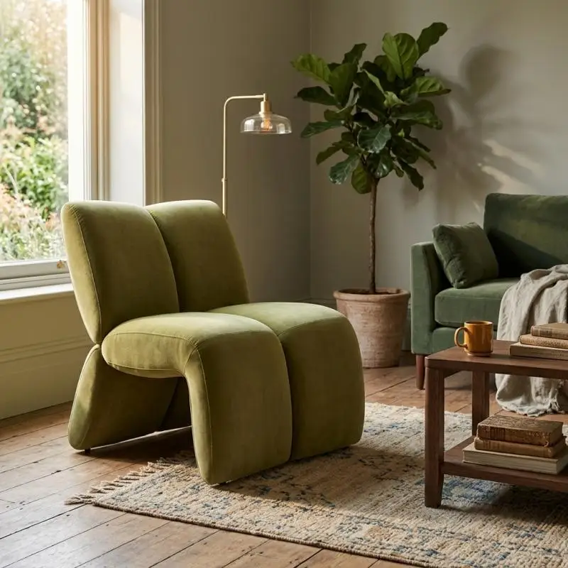 OAKEN Modern Designer Velvet Accent Chair Unique Curved Integrated Upholstered Leisure Armless Chair for Living Room Bedroom