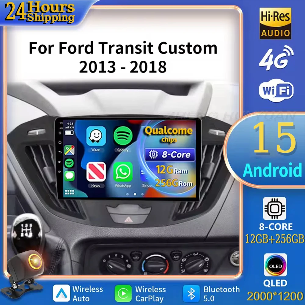 

Для Ford Tourneo Custom 1 I Transit 2012-2021 Android 15, автомобильный радиоприемник, мультимедийный плеер, Android Auto Carplay, головное устройство, навигация
