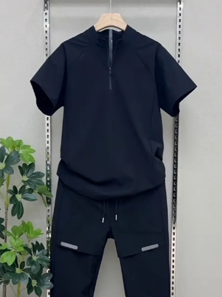 Conjunto de ropa deportiva informal de seda helada transpirable de verano 2025, pantalones largos informales de secado rápido con cremallera a la moda y 2 uds de manga corta