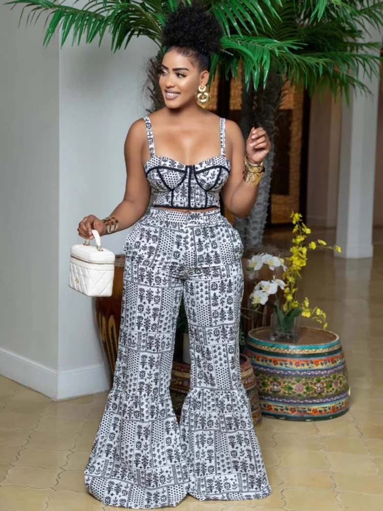 

Summer Suit Print Pattern 2piece Woman Outfit Spaghetti Strap Top and Flare Trouser Chic Elegant Pants Set Ladies Casual Sets