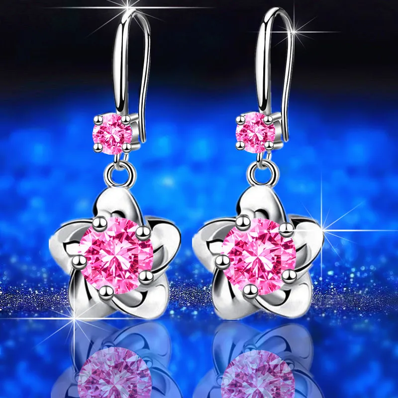 Silver 925 Hoop Earrings For Women Fine Jewelry Purple White Zircon Silver Sample 925 Clover Plum Cherry Blossom Flower Earrings image 5