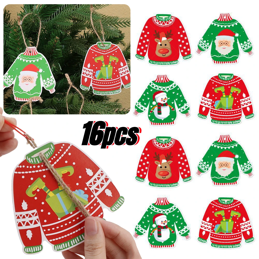 16pcs Children's Christmas Themed Cartoon Sweater Tag Pendant Decoration Toys Handmade DIY Paper Pendants Party Decoration Gift