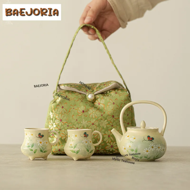 Hand-painted Oil Painting Daisy Travel Tea Set Kit Zen 1 Pot 3 Cups Tea Making Organizer Portable Outdoor Stock Bags Supplies