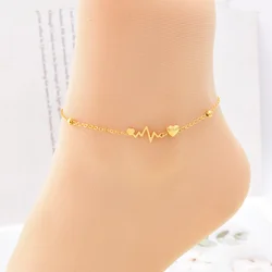 316L Stainless Steel New Fashion High-end Jewelry Beaded Love Heart Heartbeat Shape Charm Chain Anklet For Women Tobilleras