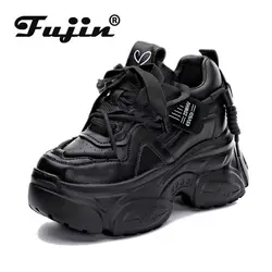 Fujin 10cm platformy trampki na koturnie oryginalne skórzane buty damskie wiosna dobrze dopasowane jesienne ukryte Super obcasy oddychająca moda