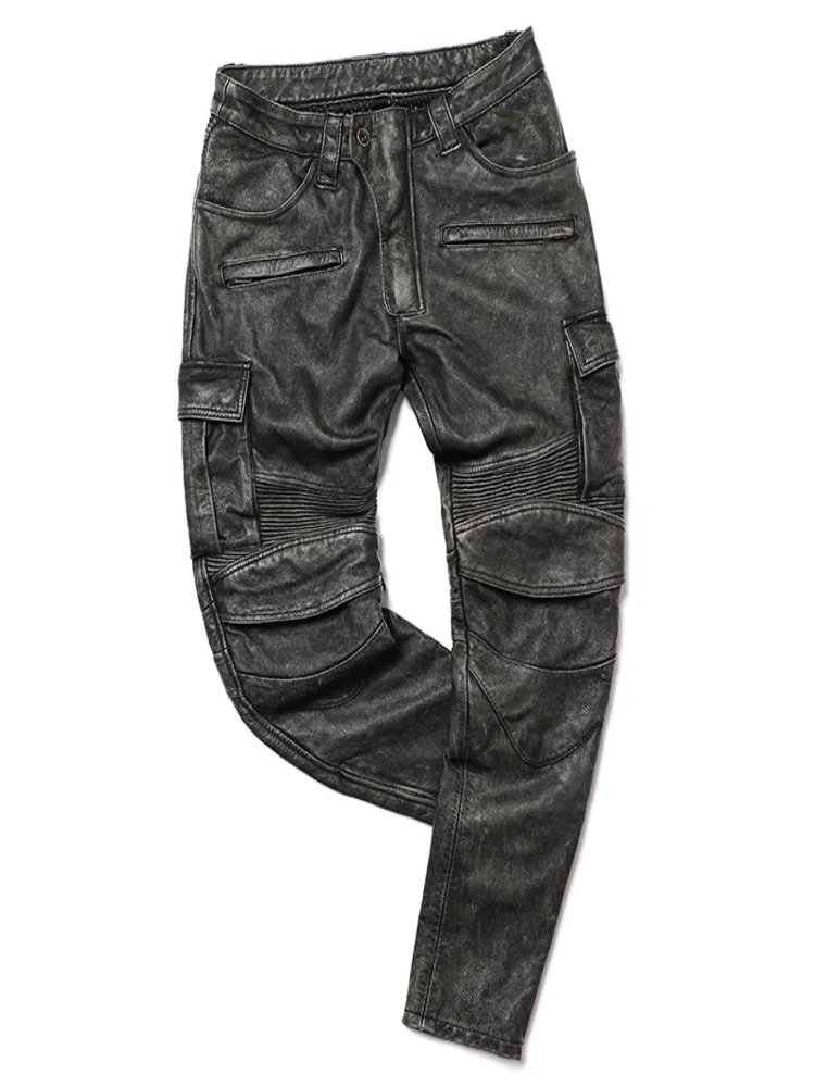 

2024 New Vintage Grey Black Leather Pant Men Motorcycle Natural Cowhide Trousers Men's Moto Biker Pants