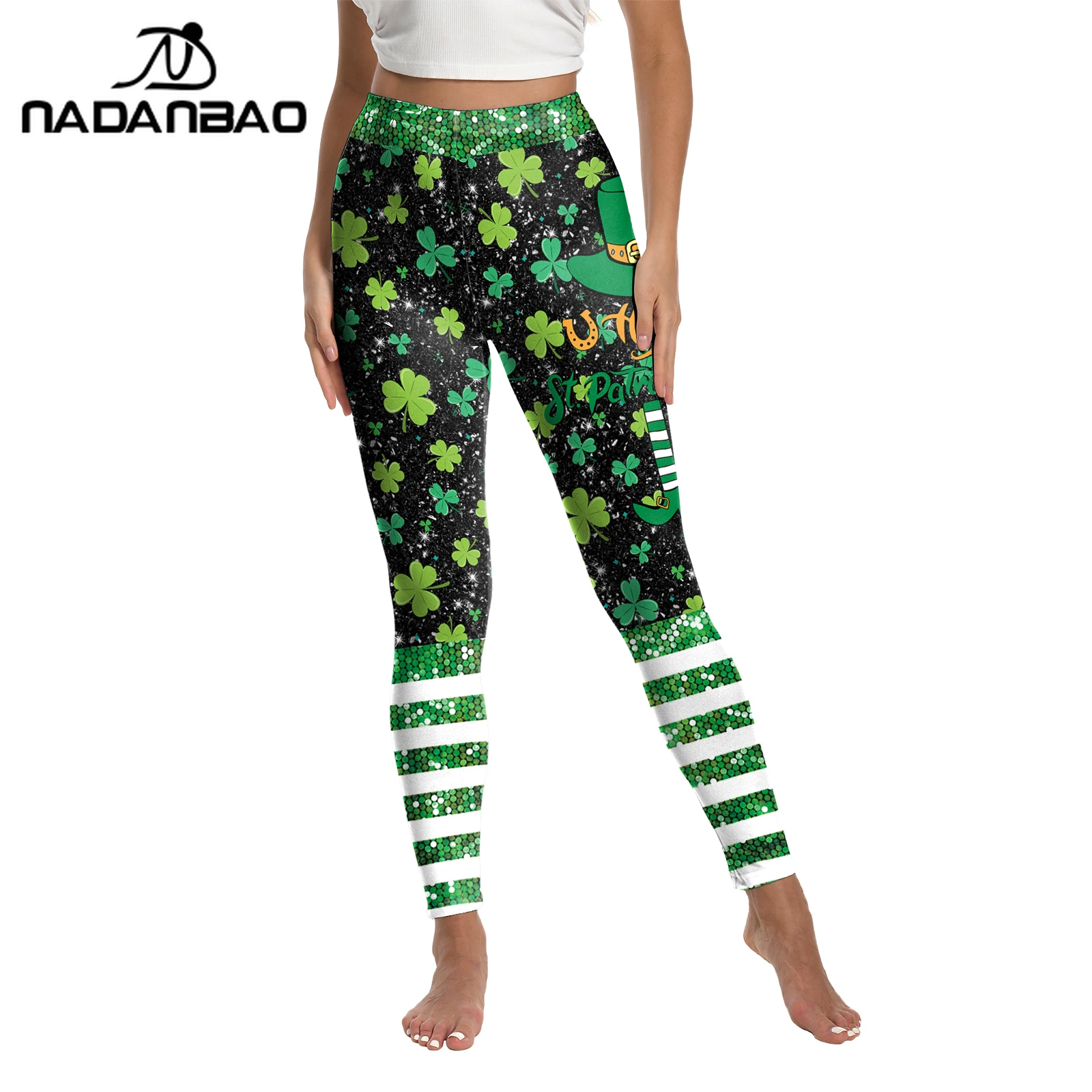 Nadanbao St. Patrick's Day Shamrock Print Leggings Women Green Clover Leaves Trousers Irish Festival Party Pants Soft Yoga Tight