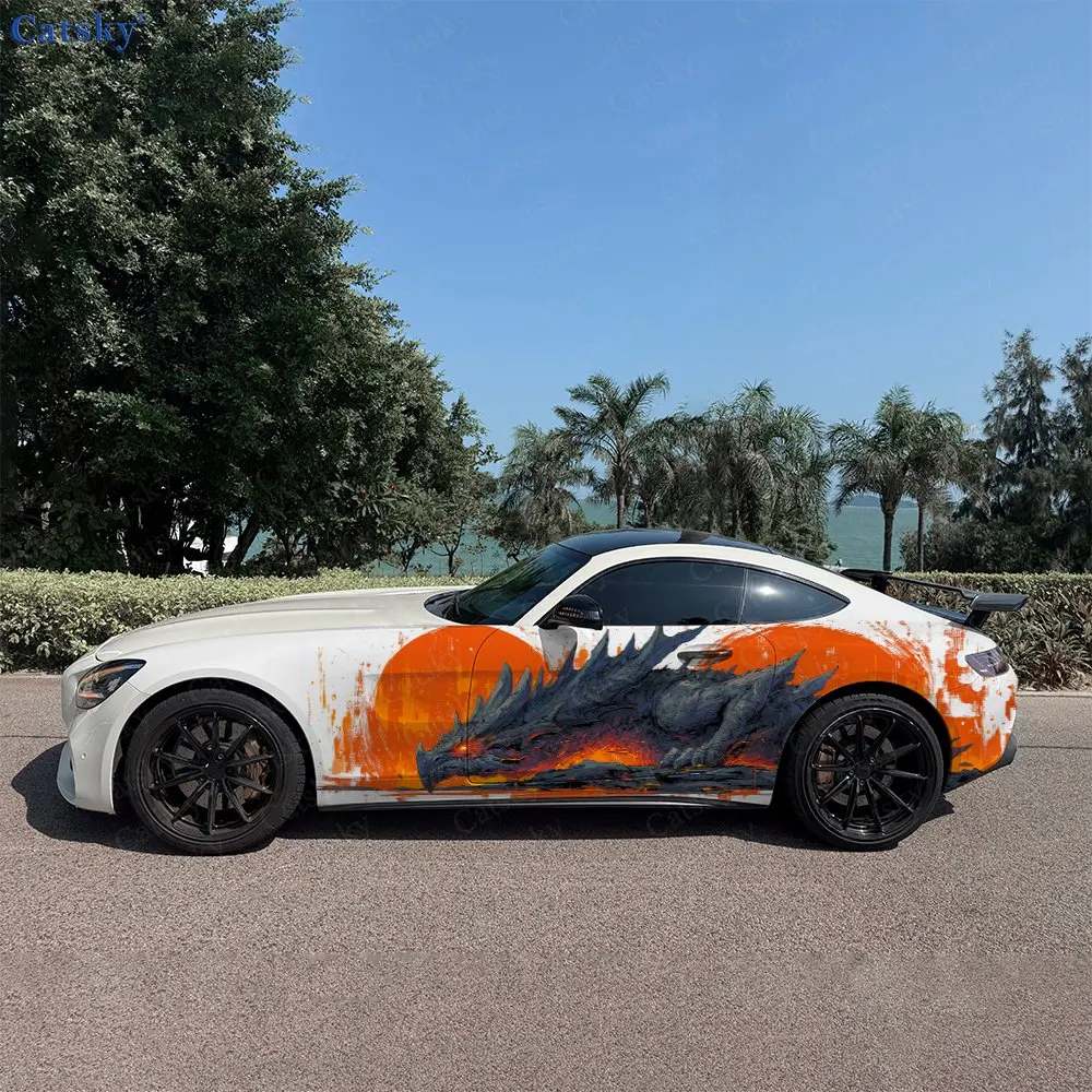 2pcs Orange Sun Perched Dark Dragon Car Side Wraps, Self-Adhesive PVC Waterproof & Scratch-Resistant Sticker, Car Accessory Gift