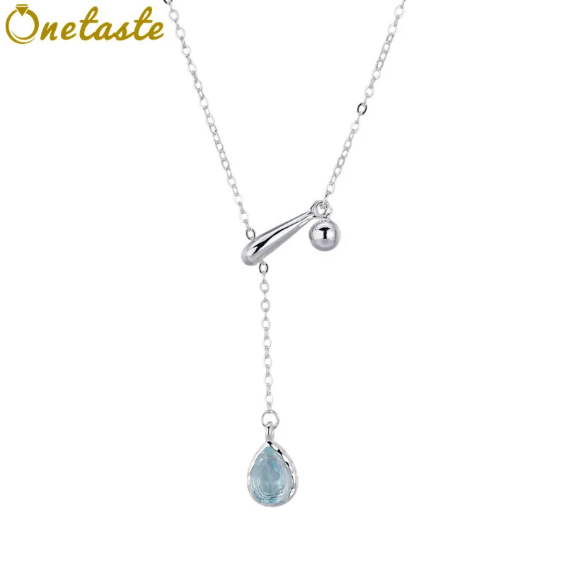 

925 Sterling Silver Lariat Y Long Chain Necklace Women Blue Cubic Zirconia Teardrop Charm Dainty Trendy Chokers Necklaces Gift