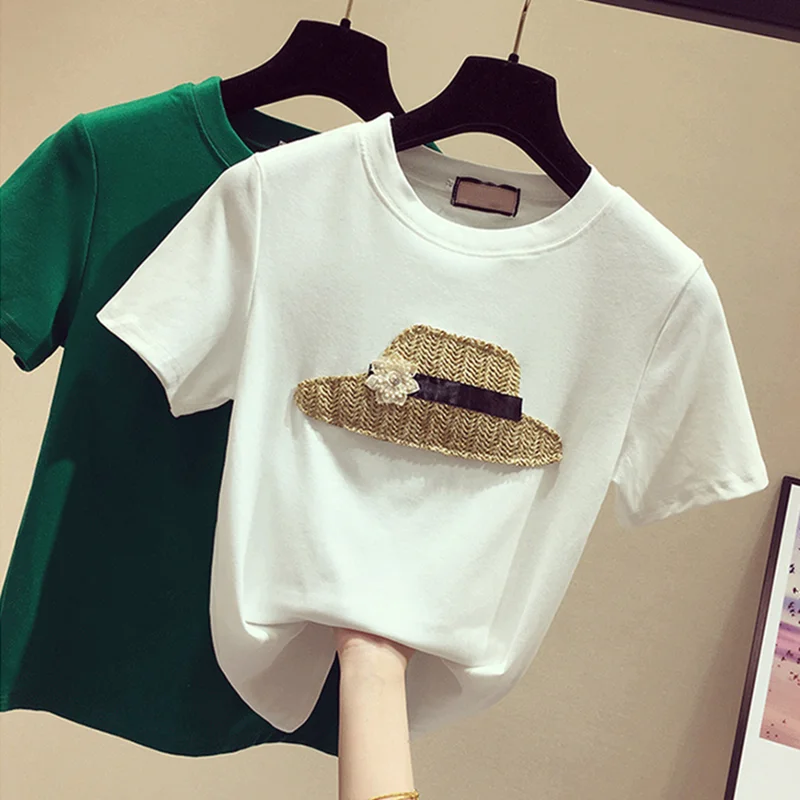 2023 Summer Women Cotton Tshirt Ladies Pattern Tee Shirts Comfortable Round Neck White Female Tops
