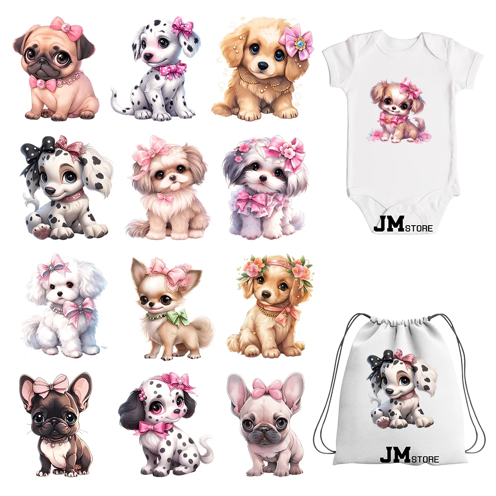 

15cm 5.9in Cartoon Pink Bow Dog Animal Iron On Heat Transfer Sticker For Clothes Printed Vinyl Thermal Washable T-Shirt Applique