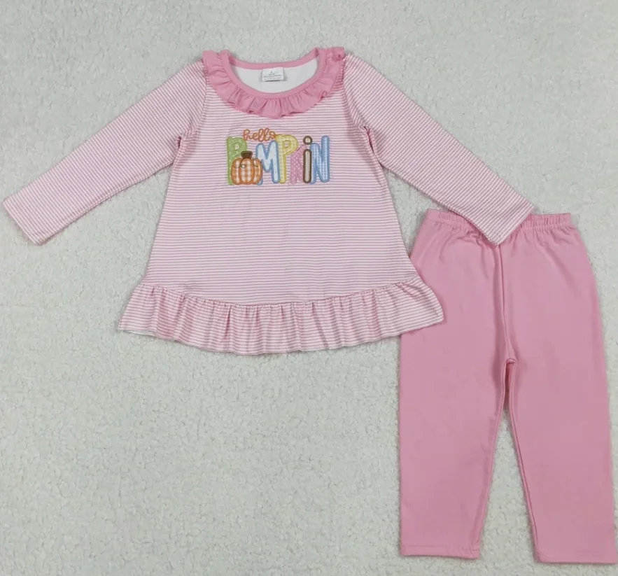 

Embroidery Pumpkin Long Sleeves Children Outfit Cotton Pants Baby Girls Clothes set