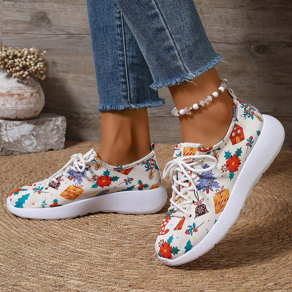 Christmas Style Printed Sneakers For Women Lightweight Non Slip Lace Up Flats Woman Comfortable Running Sports Shoes Plus Size