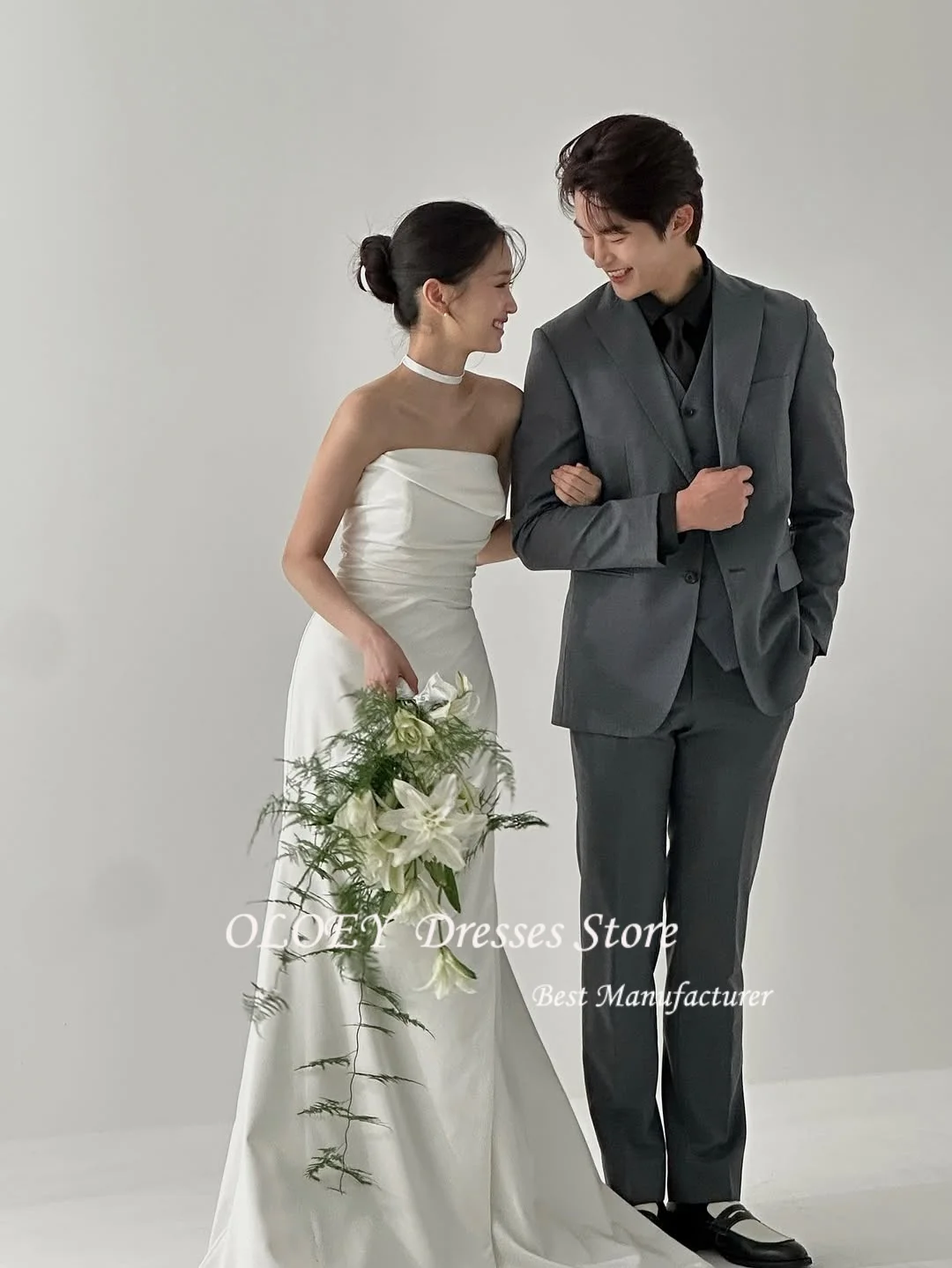 OLOEY Eenvoudige trouwjurken Elegante strapless bruidsjurk Vloerlengte Korea Fotoshootjurken Op maat gemaakte ienia Ajo