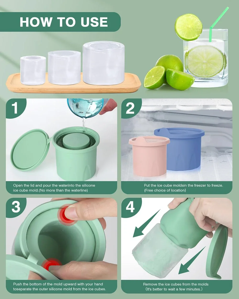 Large Ice Cube Tray Silicone Cylinder Ice Cube Molds for 40oz Tumbler Cup Ice Maker Freezer with Lid Ice Drink Cocktail Coffee