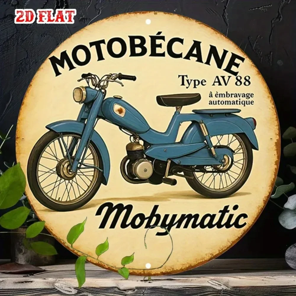 Motobecane Vintage Metal Wall Sign 2D Flat Round Aluminum Motorcycle Decor