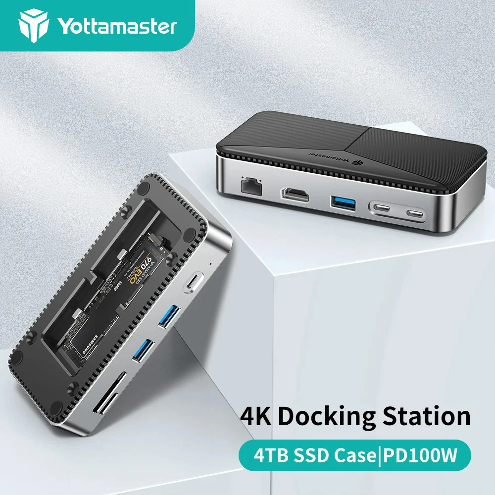 

Yottamaster USB Hub USB Docking Station with HDMI-Compatible USB-A 3.2 Gen2 M.2 NVMe & SATA SSD Case Ethernet 100W PD SD/TF