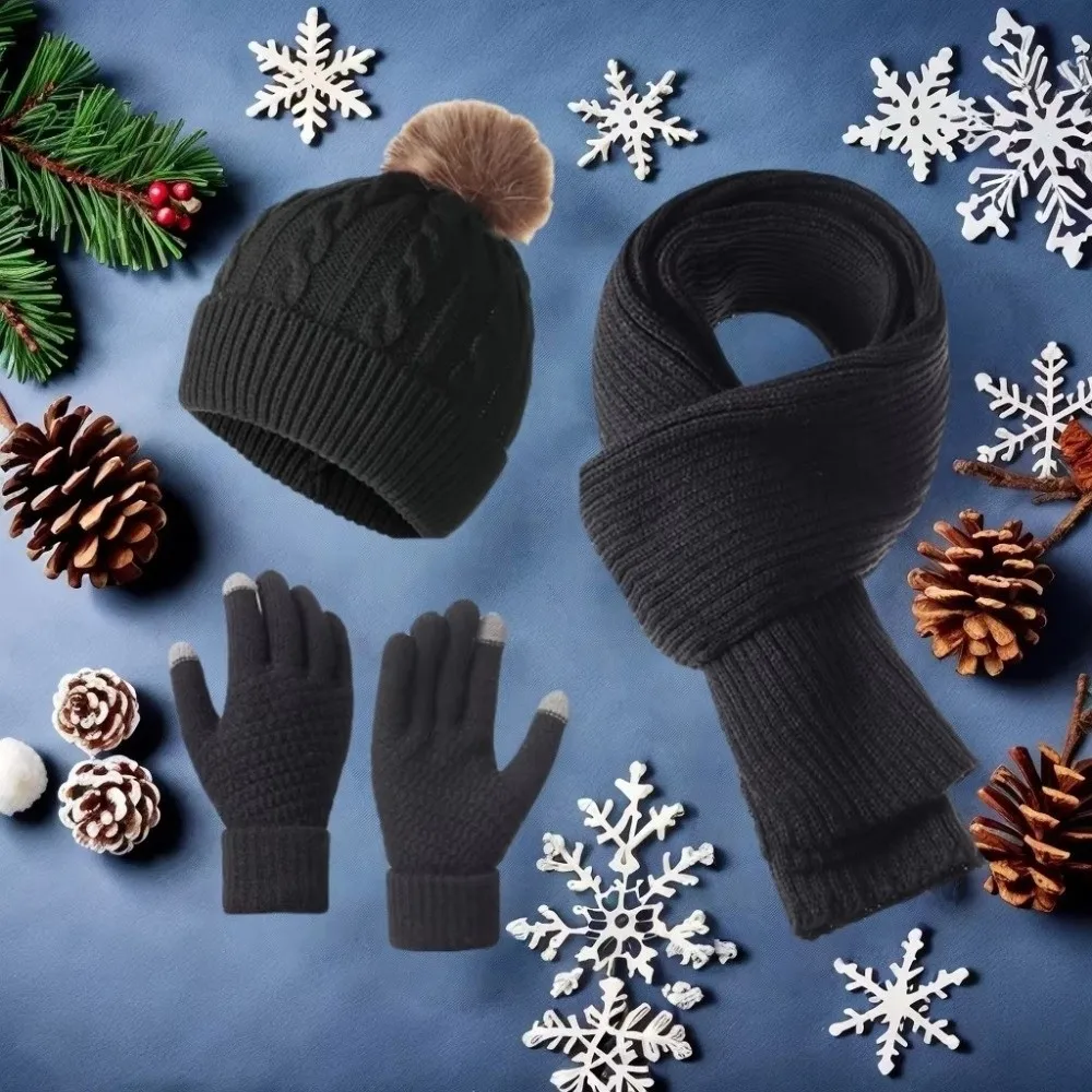 3Pcs/Set Warm Winter Hat Scarf Gloves Set Thicken Windproof Scarf Neck Warmer Suit Soft Elastic Touchscreen Gloves for Men Women